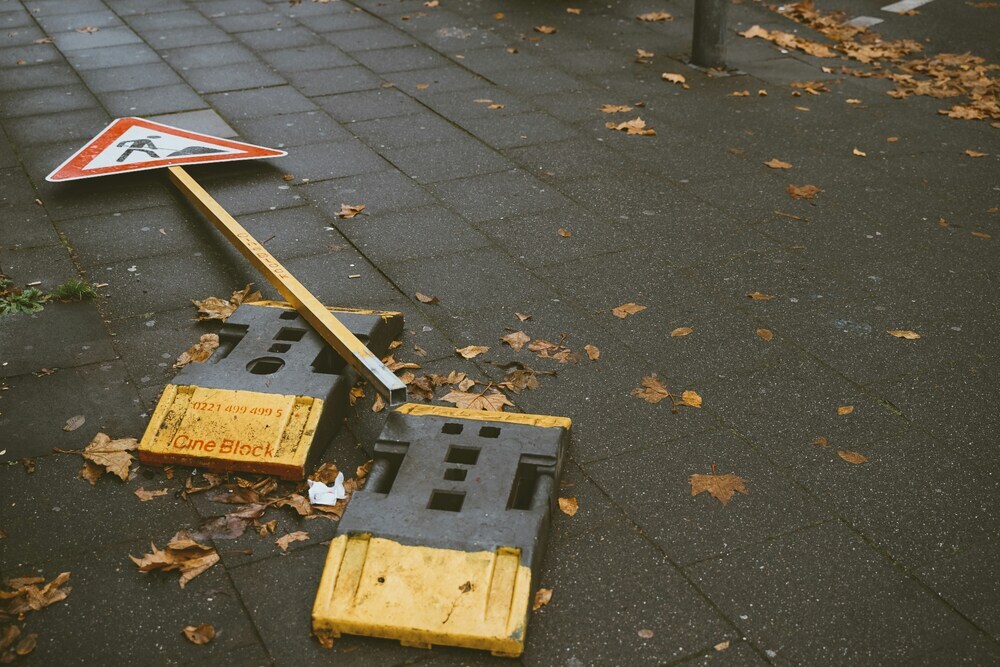 damaged sign of work ongoing