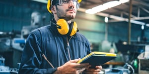 Industrial worker using tablet to check equipment